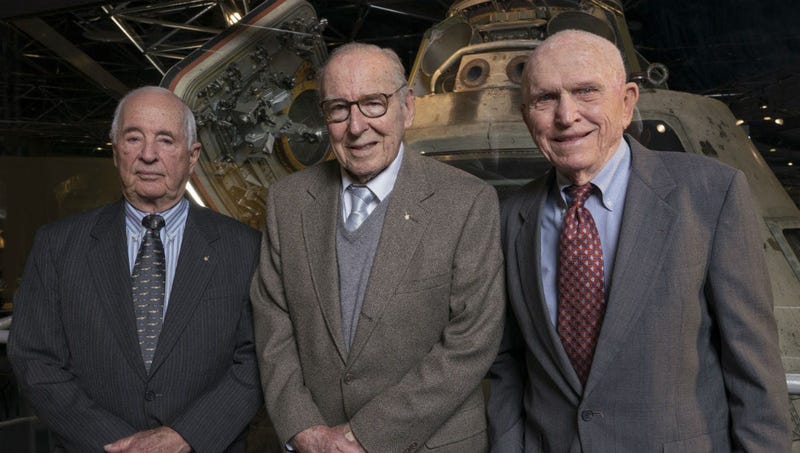 This April 5, 2018 photo provided by the Museum of Science and Industry, Chicago shows Apollo 8 astronauts, from left, William Anders, James Lovell, Frank Borman at the museum.