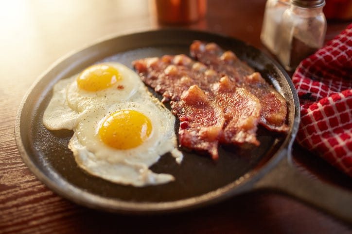 bacon and eggs in a skillet