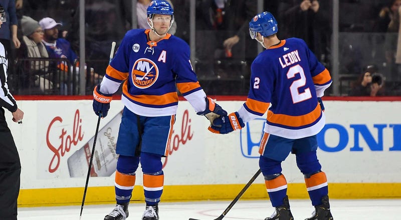 Jan 13, 2019; Brooklyn, NY, USA; Josh Bailey with New York Islanders defenseman Nick Leddy against the Tampa Bay Lightning during the third period at Barclays Center. Mandatory Credit: Dennis Schneidler-USA TODAY Sports