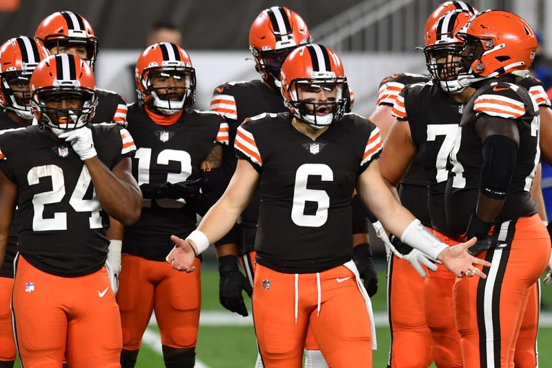 Cleveland Browns quarterback Baker Mayfield argues a penalty call during the first half at FirstEnergy Stadium.