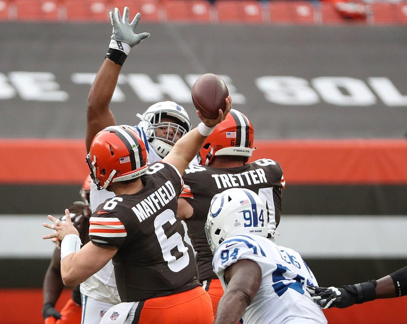 Cleveland Browns quarterback Baker Mayfield passes during the first quarter of the NFL week 5 game at First Energy Stadium in Cleveland, Ohio, on Sunday, Oct. 11, 2020.