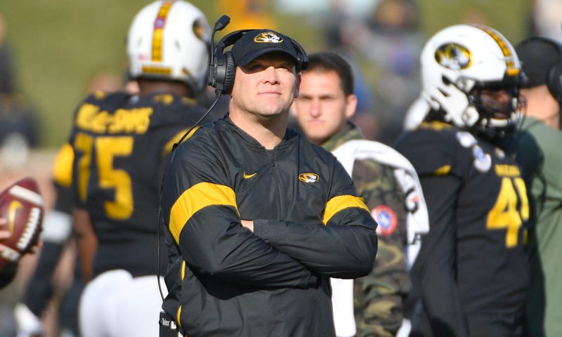 Nov 16, 2019; Columbia, MO, USA; Missouri Tigers head coach Barry Odom watches the replay board during a play review in the second half against the Florida Gators at Memorial Stadium/Faurot Field. Denny Medley-USA TODAY Sports