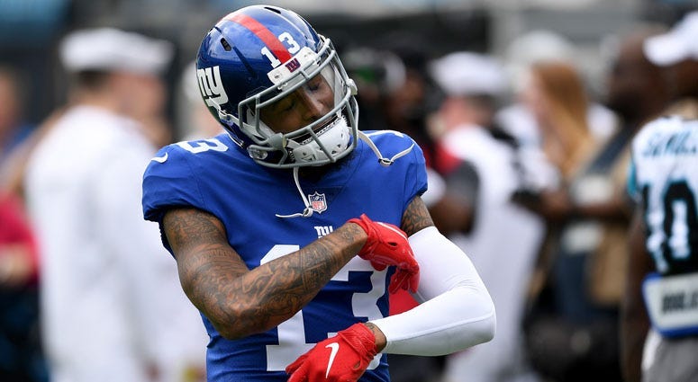 Giants wide receiver Odell Beckham Jr. reacts against the Philadelphia Eagles on Oct. 11, 2018, at MetLife Stadium.