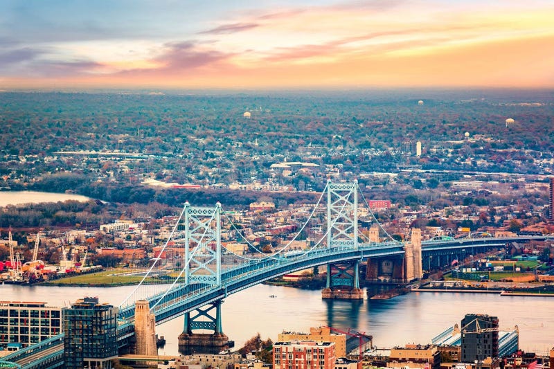 Benjamin Franklin Bridge leading into Camden, N.J.