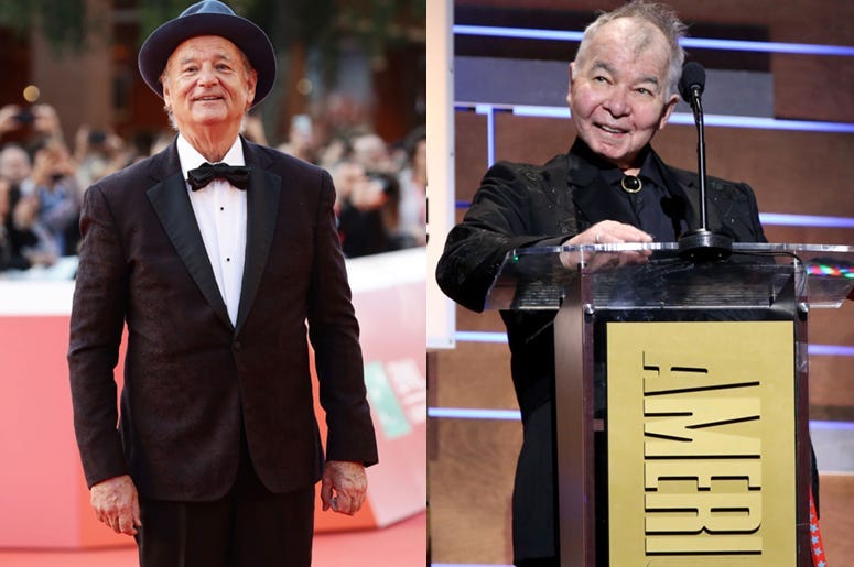 A side by side photo of Bill Murray & John Prine