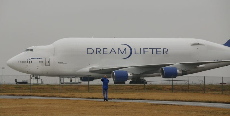A Boeing 747 LCF Dreamlifter cargo plane sits on a runway at Jabara airport in Wichita, Kan., on Thursday, Nov. 21, 2013. (Photo by Jaime Green/Wichita Eagle/MCT/Sipa USA)