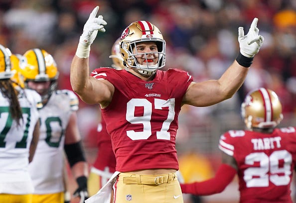 Nick Bosa of the 49ers celebrates a sack.