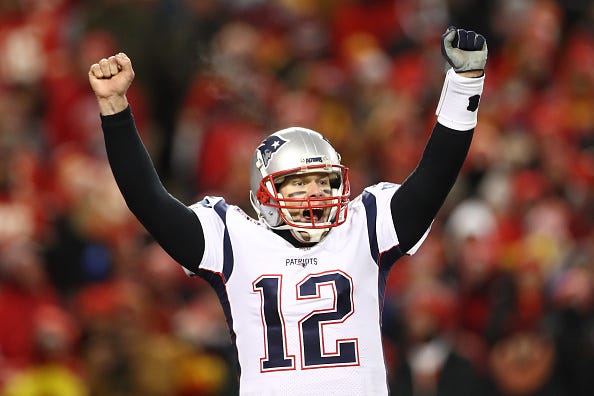 Tom Brady celebrates a TD against the Chiefs in the 2019 AFC Championship.