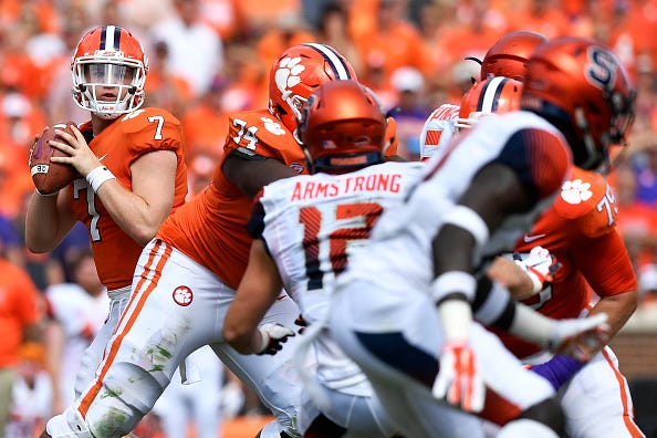 Chase Brice drops back for a pass for Clemson.