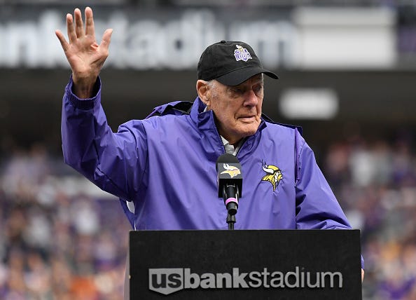 Bud Grant at a Vikings game in 2019. 