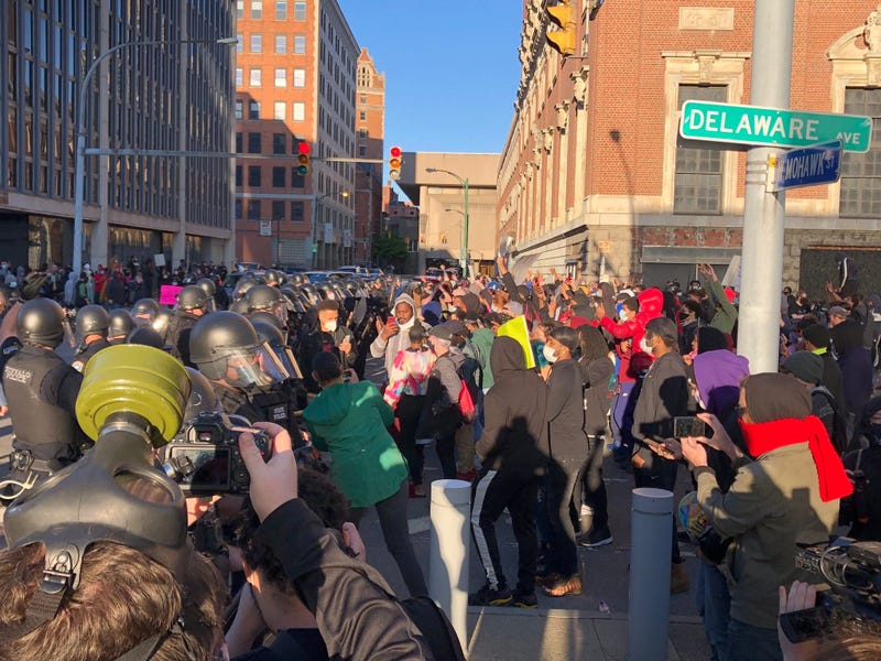 Demonstrators approach Buffalo Police during riots in Buffalo. May 30, 2020 WBEN Photo/Brendan Keany