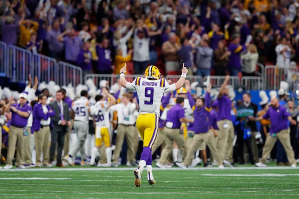 Joe Burrow celebrates one of his seven TD passes in the Peach Bowl.