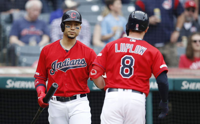 CLEVELAND, OH - MAY 09: Jordan Luplow #8 of the Cleveland Indians is congratulated by Carlos Gonzalez #24 after hitting a solo home run in the second inning against the Chicago White Sox at Progressive Field on May 9, 2019 in Cleveland, Ohio. (Photo by Jo