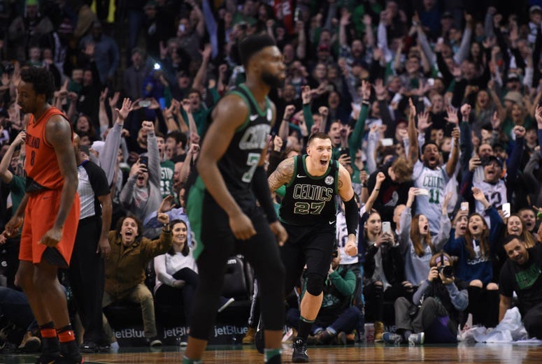 Celtics celebrate Al Horford's buzzer beater.