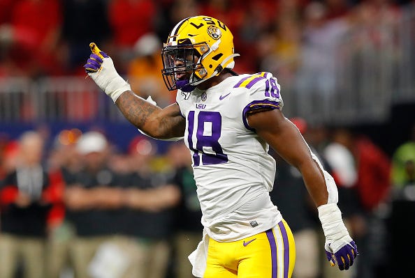 LSU DE K'Lavon Chaisson reacts during the SEC Championship Game.