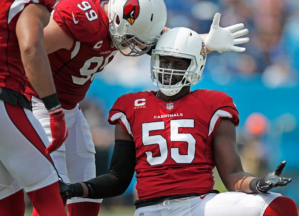 Chandler Jones celebrates a sack for the Cardinals