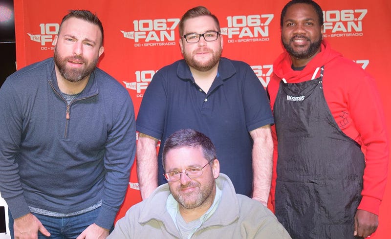 WJFK-FM’s Chris Russell with Danny Rouhier and Grant Paulsen. Russell lost a bet and then lost his hair on the air on Thursday, December 12.