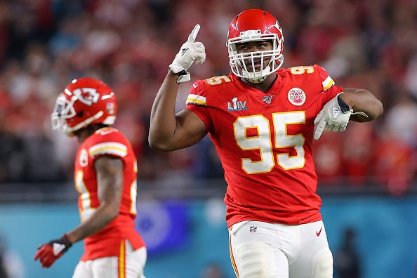Chiefs' Chris Jones celebrates a play in the Super Bowl.