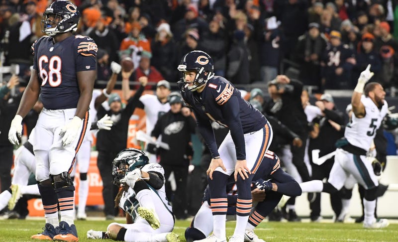 Bears kicker Cody Parkey (1) reacts after missing a field goal against the Eagles in the waning seconds.