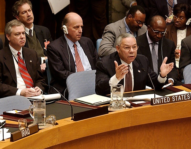 U.S. Secretary of State Colin Powell (R) addresses the Security Council February 14, 2003 at United Nations headquarters in New York City.