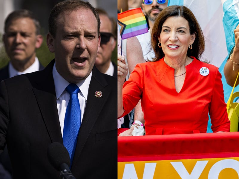 Left to right: Rep. Lee Zeldin speaks during a news conference at the U.S. Capitol in Washington, D.C., U.S., on Thursday, May 20, 2021. Gov. Kathy Hochul marches during the 2022 New York City Pride March on June 26, 2022 in New York City.