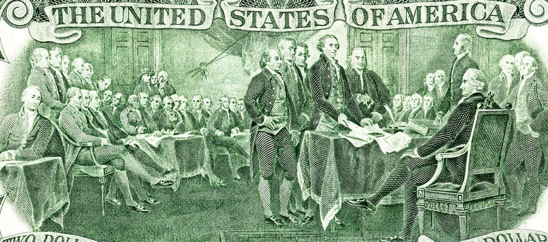 Signing declaration of independence from the two dollar banknote, detail