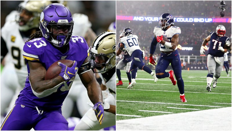 Dalvin Cook (l.) and Derrick Henry (r.) rush during Wild Card Weekend.