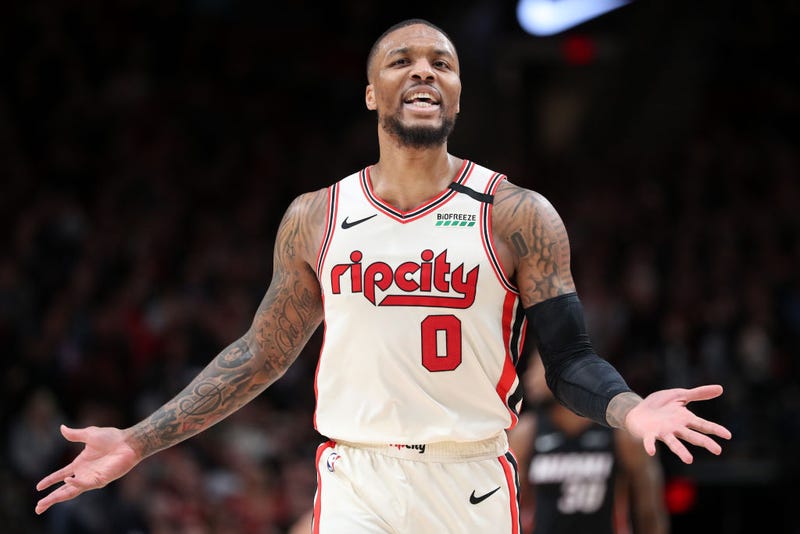 Damian Lillard pleads with the refs during a game with the Trail Blazers.