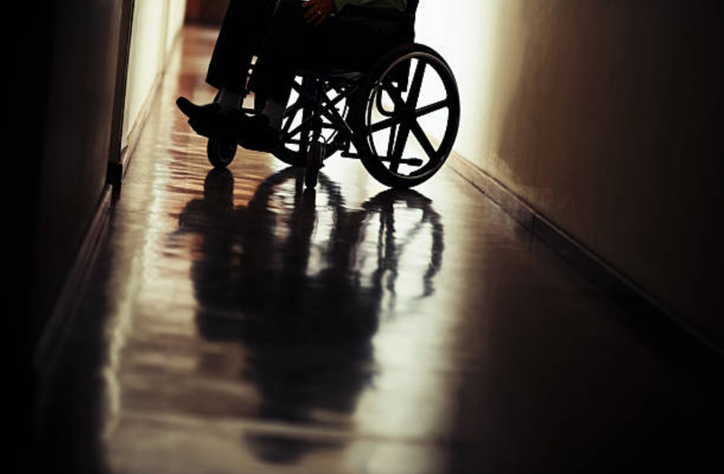 Wheelchair in hospital hallway