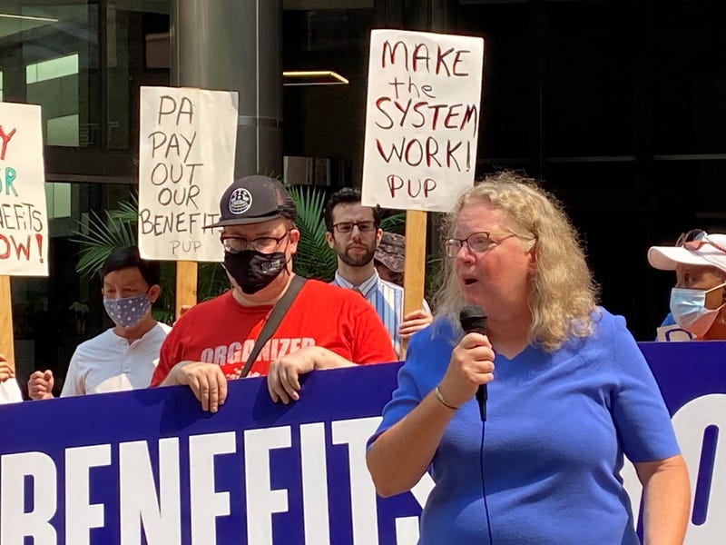 Community Legal Services attorney Sharon Dietrich, who represents the Philadelphia Unemployment Project, outside U.S. Labor Department offices in Philadelphia Tuesday, protesting the state's halting of unemployment benefits to at least 275 people without notice.