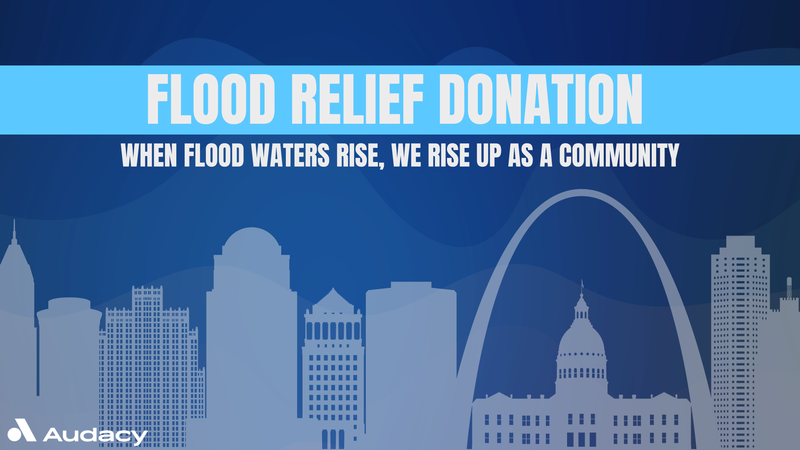 Blue background, outline of St. Louis skyline. Text reads, "flood relief donation: when flood waters rise, we rise up as a community."