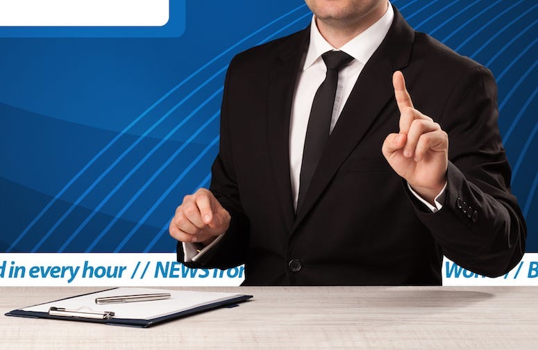 News Anchor, Broadcast, Male, Desk, Pointing