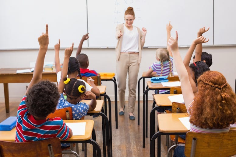 Teacher, Students, Hands Raised, Classroom, Math Class, School