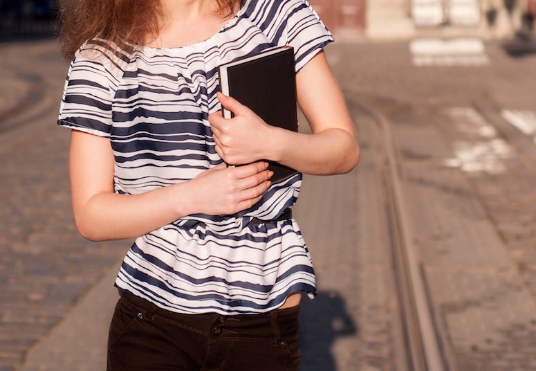 Woman, Carrying Book, Walking, Street, Morning
