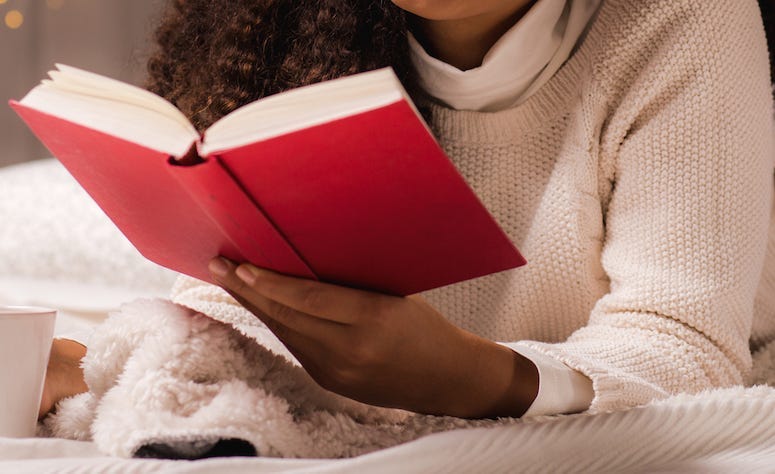 Woman, Reading, Book, Bed, Pajamas, Tea, Mugn