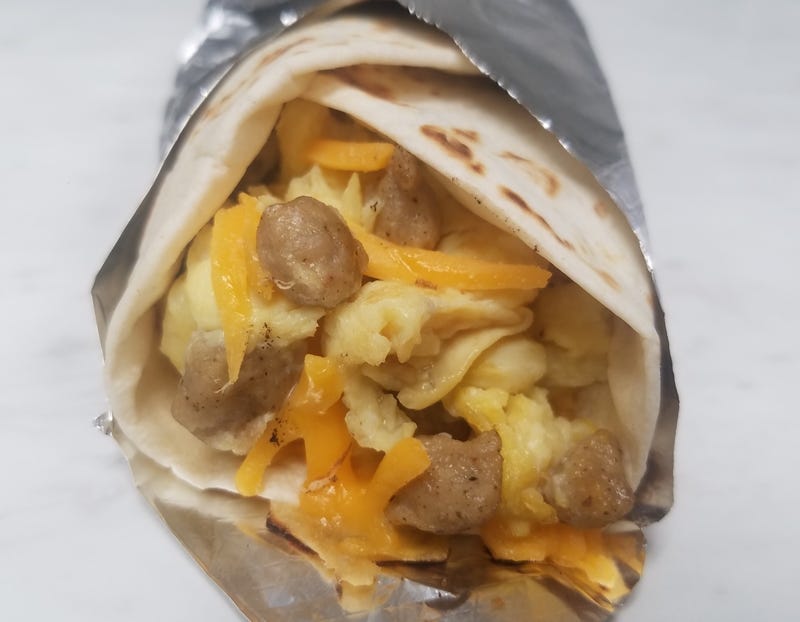 Breakfast taco. Sausage, burrito.