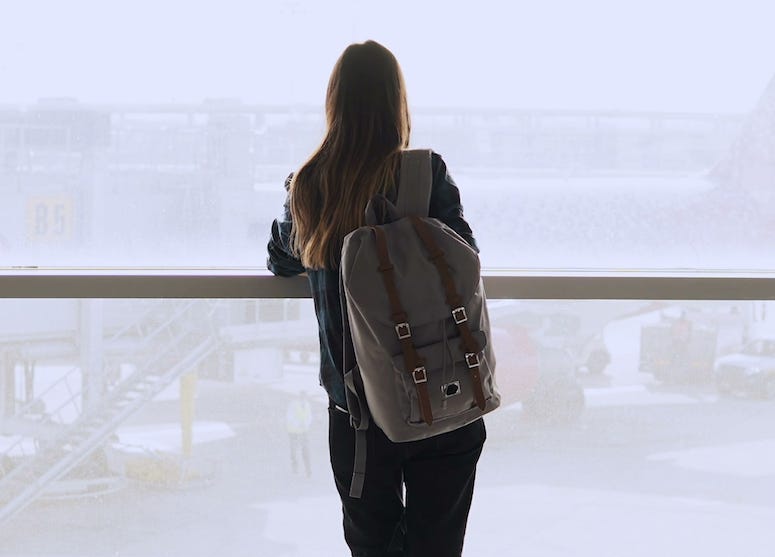 Woman, Backpack, Standing, Airport, Terminal, Window