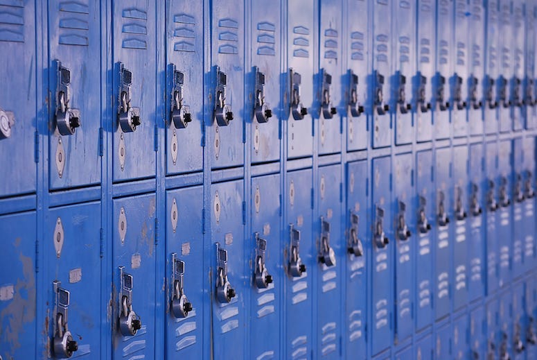School, Blue, Lockers, Close Up