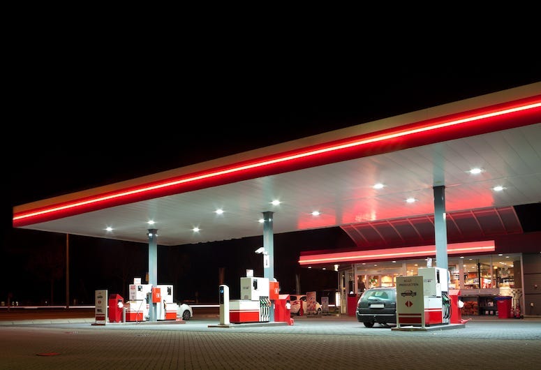 Gas Station, Pumps, Clean, Night, Neon