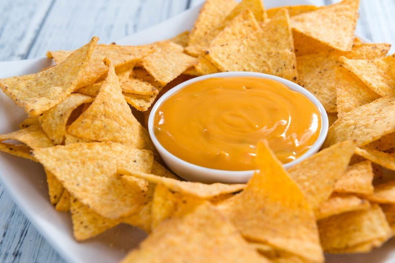 Nacho Cheese, Dip, Chips, Wooden Table