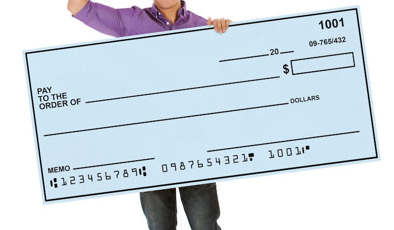 Man, Giant Check, Isolated, White Background