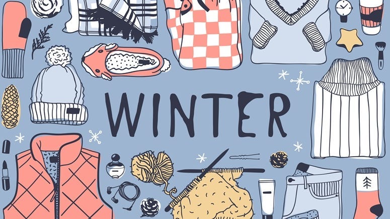 Hand drawn fashion illustration. Creative ink art work. Actual cozy vector drawing. Winter set, wear, shoes, accessories, food, dr
