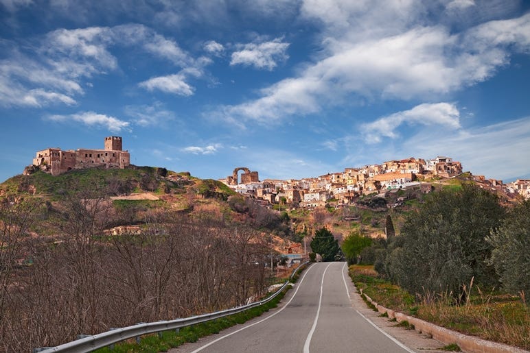 landscape of the ancient hill town and the medieval castle