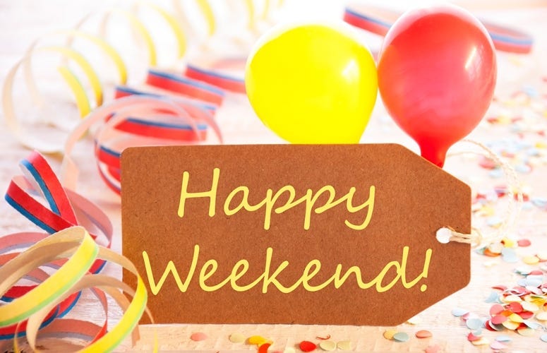 Party Label, Streamer And Balloon, Yellow Text Happy Weekend.