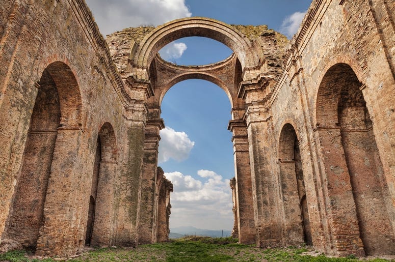 the ruins of the ancient church dedicated to Saints Luca and Giuliano in the old town of one of the oldest villages in the region