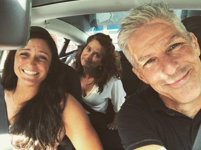 Kendra, Sue and David in the car but David's driving!