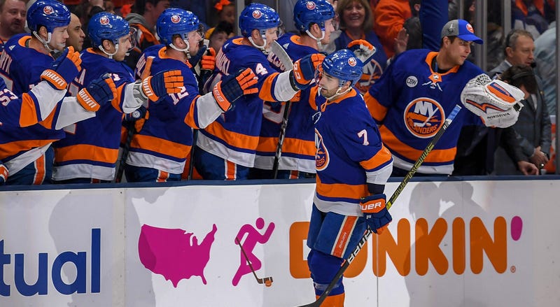 Apr 10, 2019; Brooklyn, NY, USA; New York Islanders right wing Jordan Eberle (7) celebrates his goal with the team bench against the Pittsburgh Penguins. Mandatory Credit: Dennis Schneidler-USA TODAY Sports