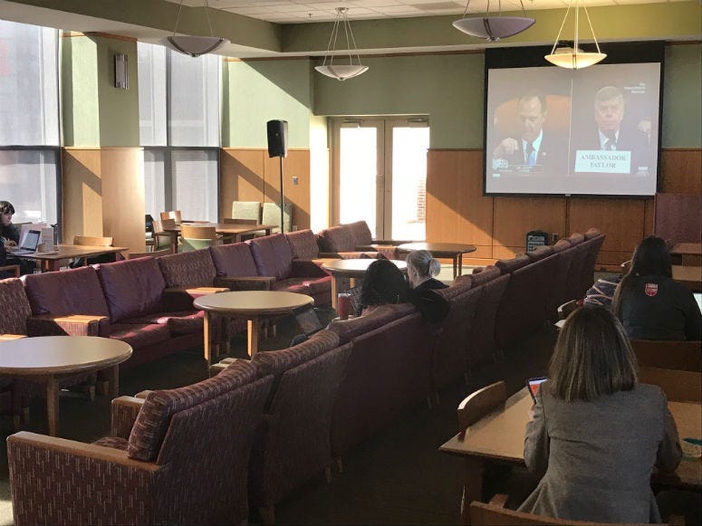 An impeachment hearing watch part at Rutgers University-Camden law school.