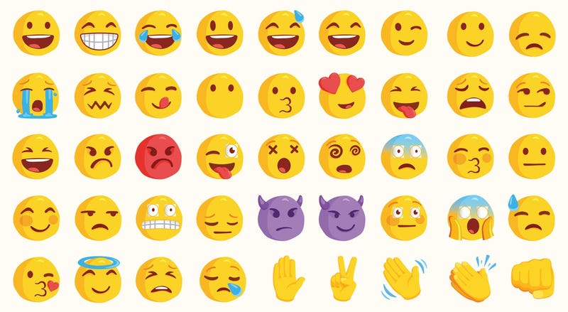 Emojis and emoticons laid out in a grid.