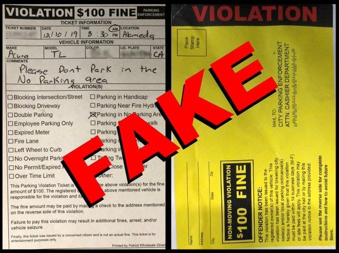Alameda police began warning drivers on Jan. 15, 2020 about bogus parking tickets left on cars.